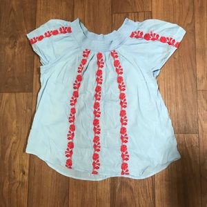 Blue floral embroidered smocked top L